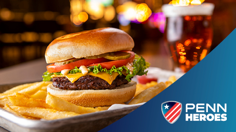 PENN Heroes emblem with plated cheeseburger and fries
