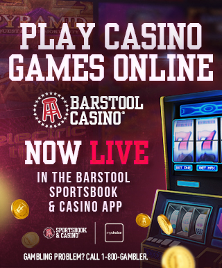 slot machine and falling coins, text: "Play Casino Games Online", Barstool Casino logo, text: "Now live in the Barstool Sportsbook & Casino App / Gambling Problem? Cal 1-800-Gambler."