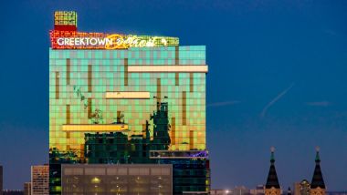 Hollywood Casino at Greektown Hotel tower at dusk