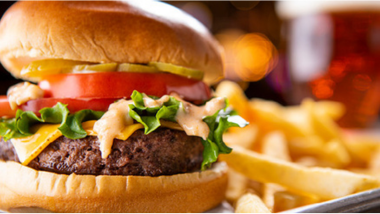 Cheeseburger and Fries at the Sportsbook Restaurant