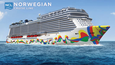 Norwegian Cruise Line logo and the cruise ship "Encore" on the ocean